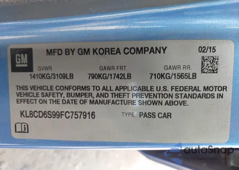 2015 Chevrolet Spark 1Lt Cvt z USA, uszkodzony, nr VIN KL8CD6S99FC757916